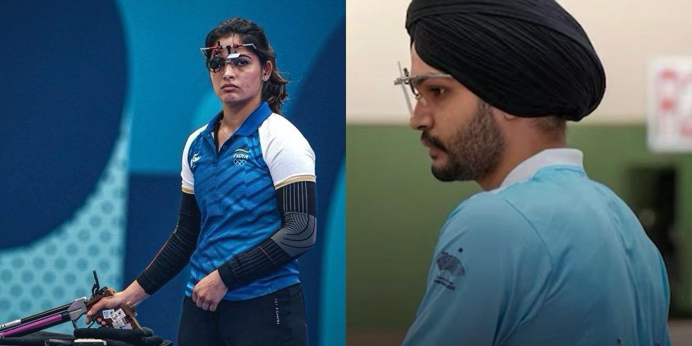 This image is about Manu Bhaker and Sarabjot Singh winning the bronze medal in mixed team 10m pistol event for India in Paris Olympics 2024