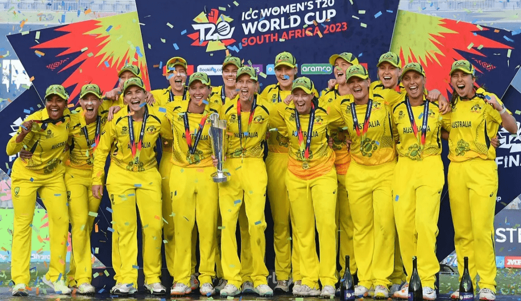 The Picture is about Australia's Women Team Winning the ICC T20 World Cup 2023 by defeating South Africa in final