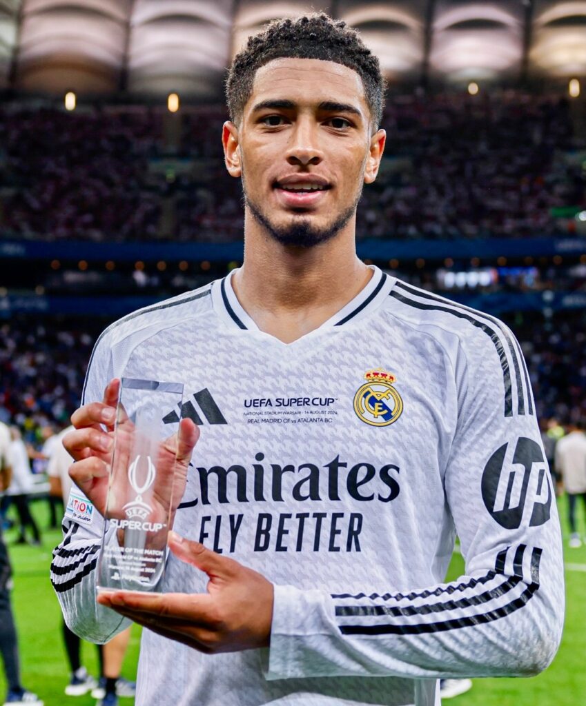 Jude Bellingham with the Man of the Match Trophy in uefa super cup 2024 against Atalanta